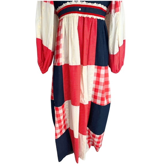 Vintage 1960s 70s Marianne Red Blue Patchwork Prairie Maxi Dress // XS S 2 4 6 - Picture 6 of 8
